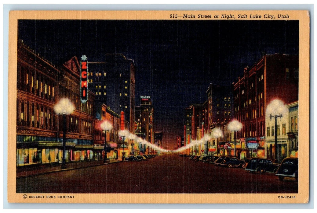 c1940 Main Street At Night Downtown Classic Cars Salt Lake City Utah UT Postcard