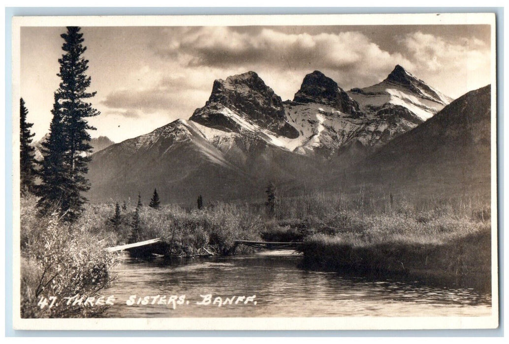 c1910's Mountain View Three Sisters Banff Canada Antique RPPC Photo Postcard