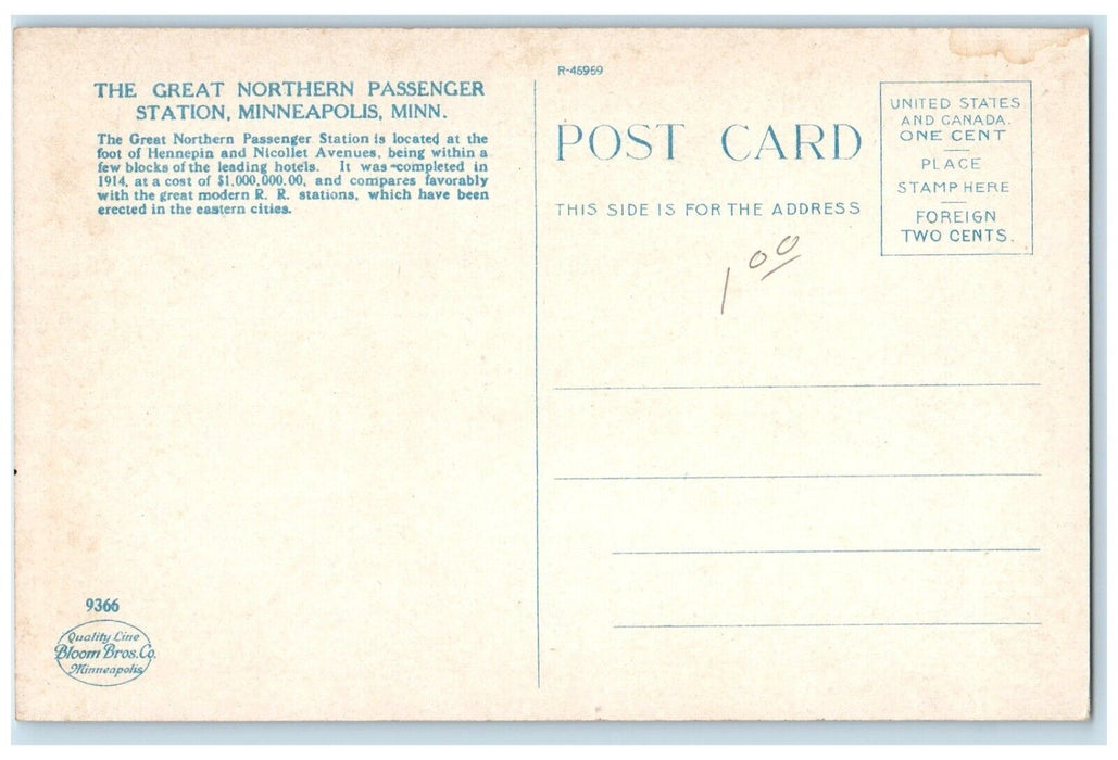 c1920 Great Northern Depot Passenger Station Minneapolis Minnesota MN Postcard