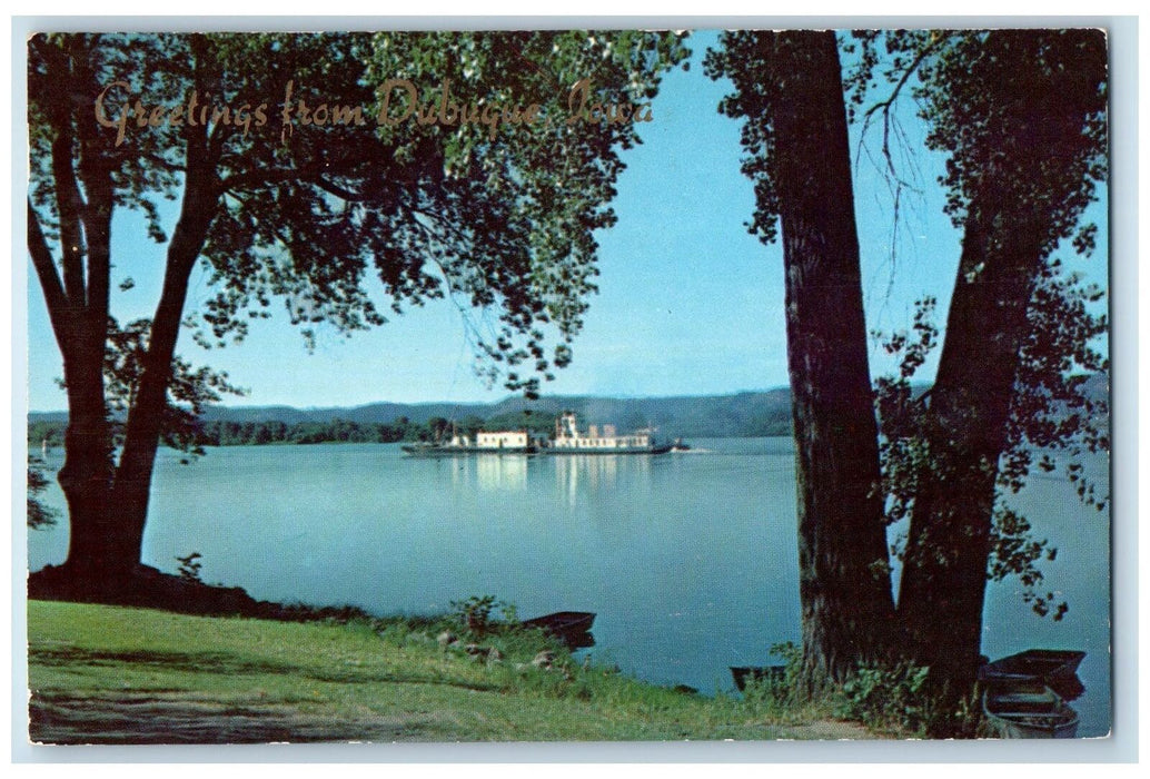 1955 Greetings From Dubuque Ferry Boat Cargo Lake River View Dubuque IA Postcard