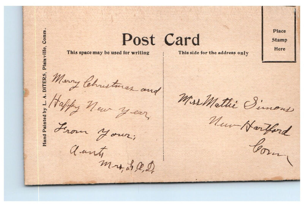 1909 Hand Painted Art Diters Plainville Connecticut CT On Thick Board Postcard