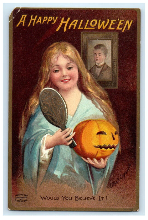 c1910 Halloween Clapsaddle Girl Mirror JOL Jack-o-Lantern Woman Postcard