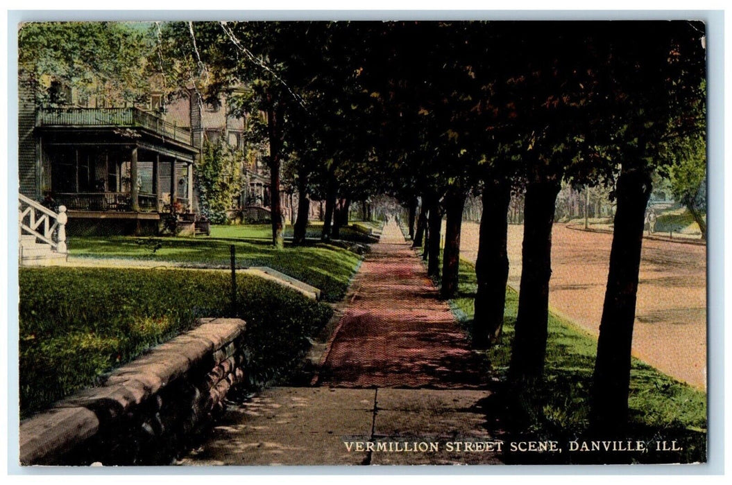 1912 Vermillion Street Scene Sidewalk Exterior Road Danville Illinois Postcard