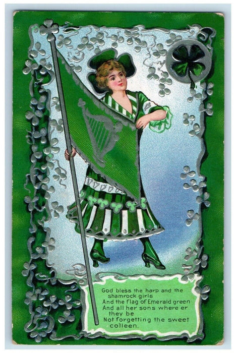 1913 St. Patrick's Day Woman Holding Flag Shamrock Embossed Antique Postcard