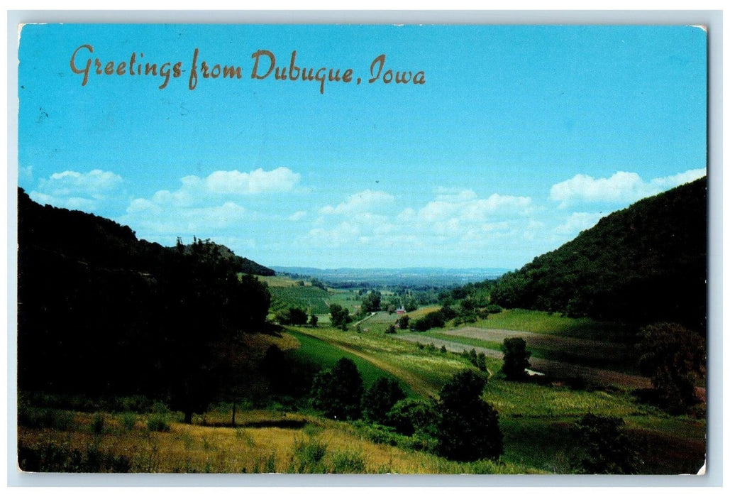 1956 Greetings From Dubuque Trees Mountains Road View Dubuque Iowa IA Postcard