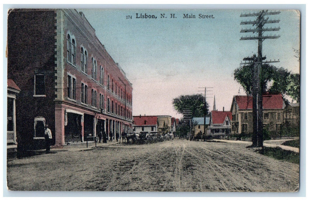 1907 Main Street Lisbon New Hampshire NH Dirt Road Horse Carriage Scene Postcard