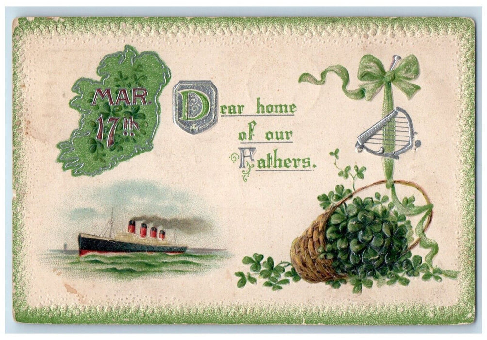 1914 St. Patrick's Day Shamrock In Basket Harp Steamer Ship Embossed Postcard