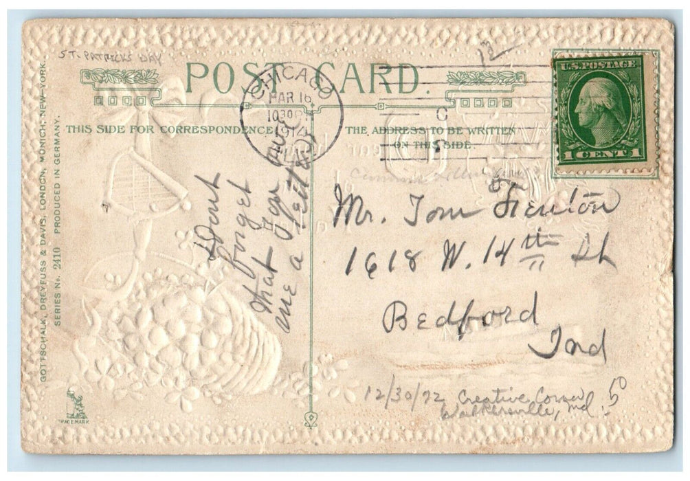 1914 St. Patrick's Day Shamrock In Basket Harp Steamer Ship Embossed Postcard