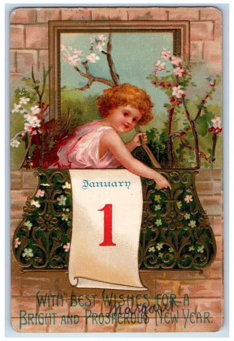 1908 New Year Jan 1 Calendar Little Girl Flowers Clapsaddle Embossed Postcard