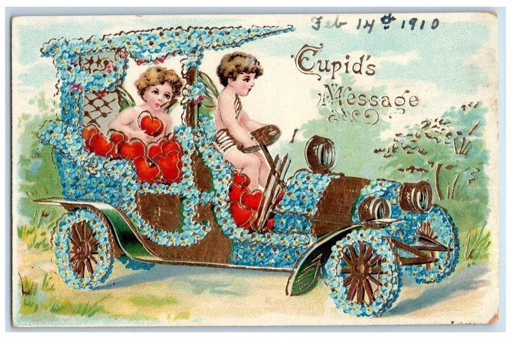 1910 Valentine Message Cupid Driving Car Hearts Pansies Flowers Posted Postcard