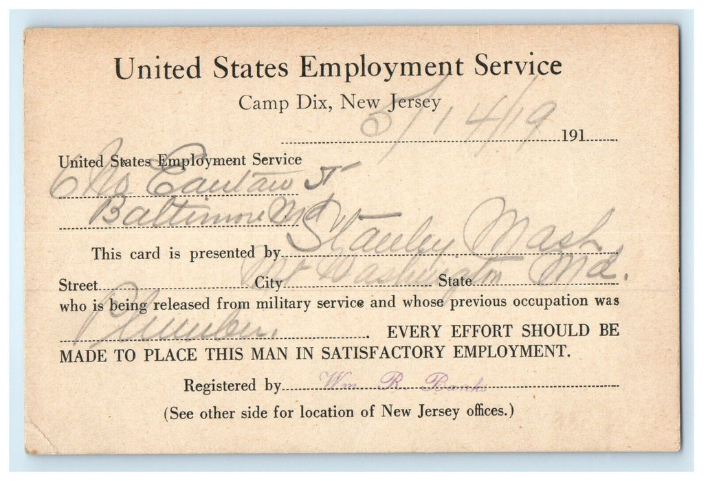 1919 Camp Dix WW1 Employment Service Plumber New Jersey NJ Military Postcard