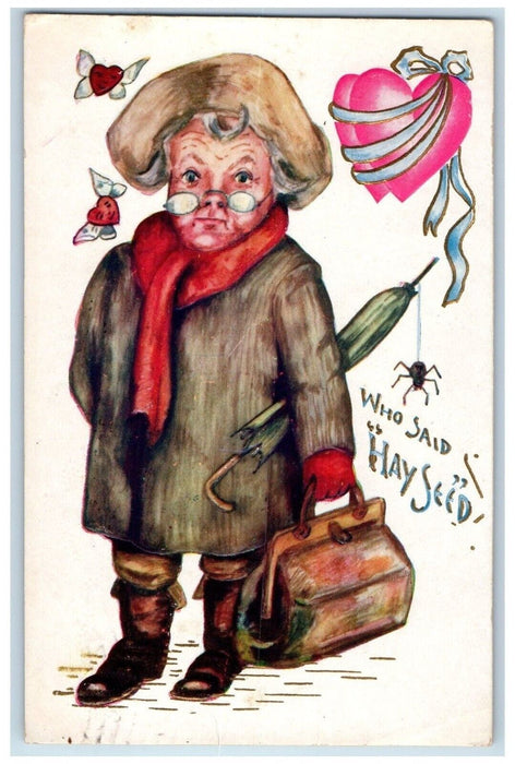 1911 Valentine Man Traveler Umbrella Hanging Spider Hearts Medford MA Postcard