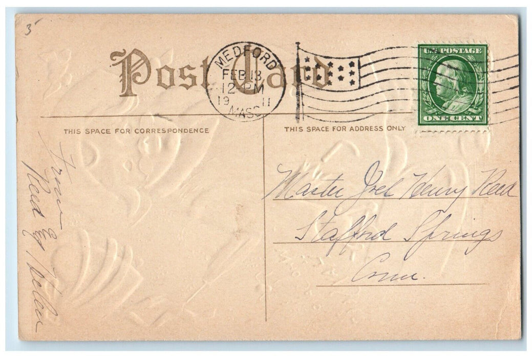 1911 Valentine Man Traveler Umbrella Hanging Spider Hearts Medford MA Postcard