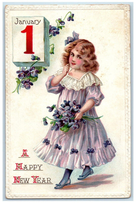 1914 New Year Jan 1 Calendar Girl Pansies Flowers Embossed Rockville CT Postcard