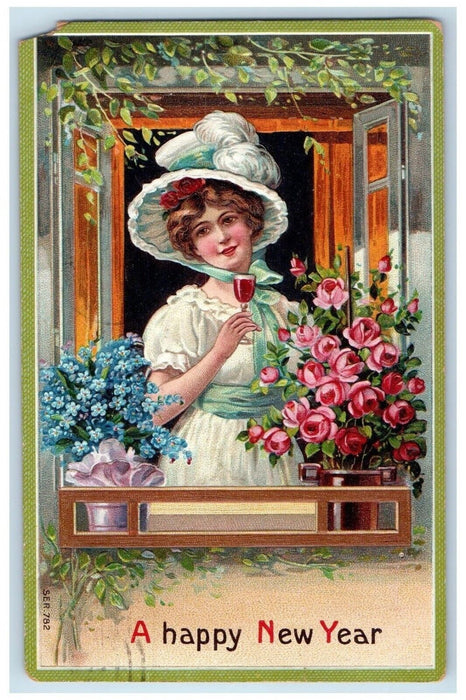 1910 New Year Pretty Woman Champagne Rose Pansies Flowers Norwich CT Postcard