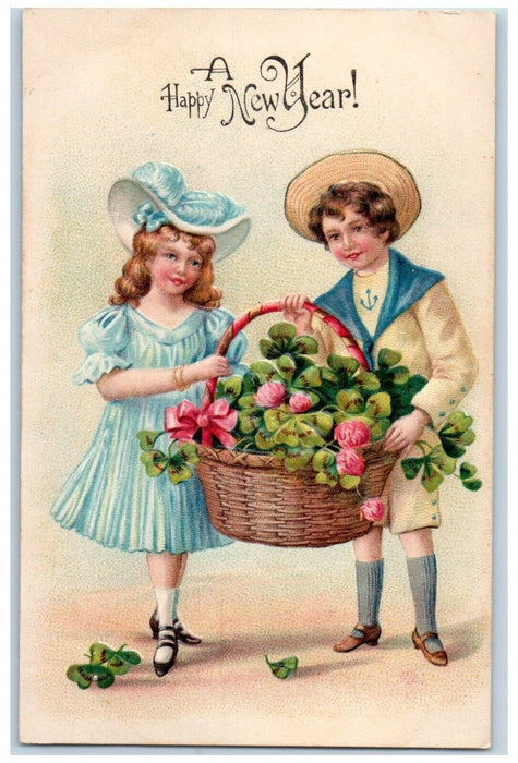 c1910's New Year Children Shamrock In Basket Embossed Unposted Antique Postcard