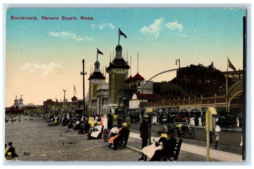 Busy Crowded People Scene Boulevard Revere Beach Massachusetts MA Postcard