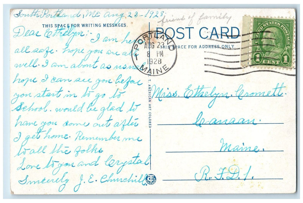 1928 High School Campus Building Classic Car Flag Portland ME Posted Postcard
