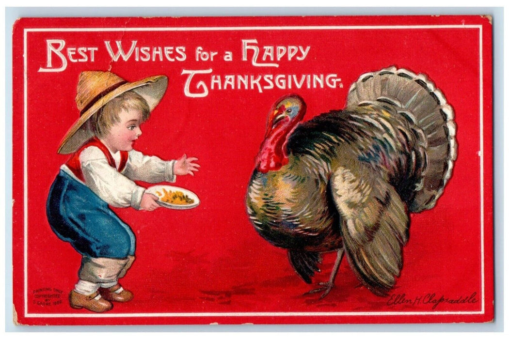 c1905 Thanksgiving Boy Feeding Turkey Ellen Clapsaddle Artist Signed Postcard