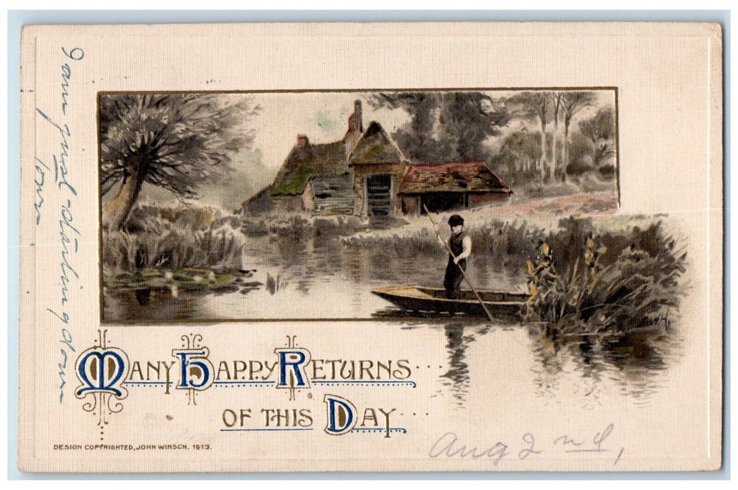 1916 Happy Returns Day Man Boating River John Winsch Artist Signed Postcard