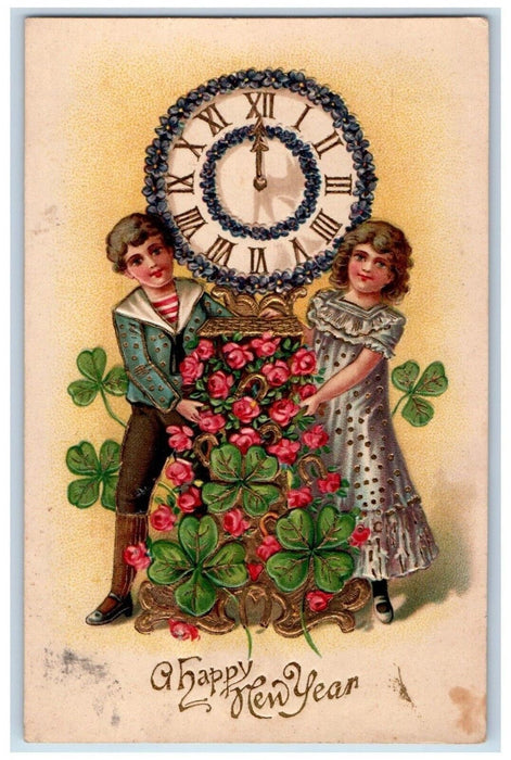 1909 New Year Couple Flowers Shamrock Clock Embossed Ramsey NJ Antique Postcard