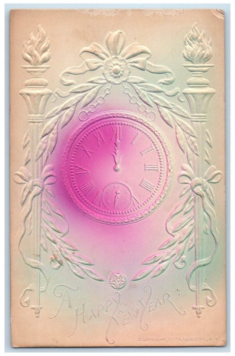 1908 New Year Clock Midnight Airbrushed Embossed Posted Antique Postcard