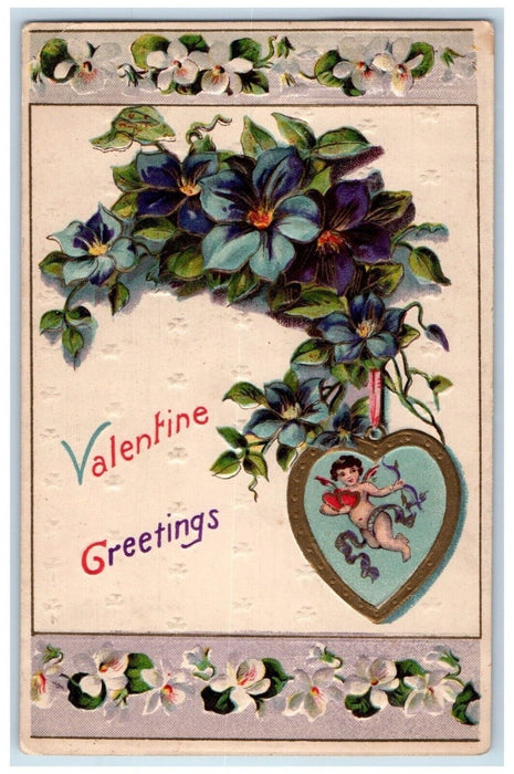 c1910's Valentine Greetings Heart Pansies Flowers Embossed Antique Postcard