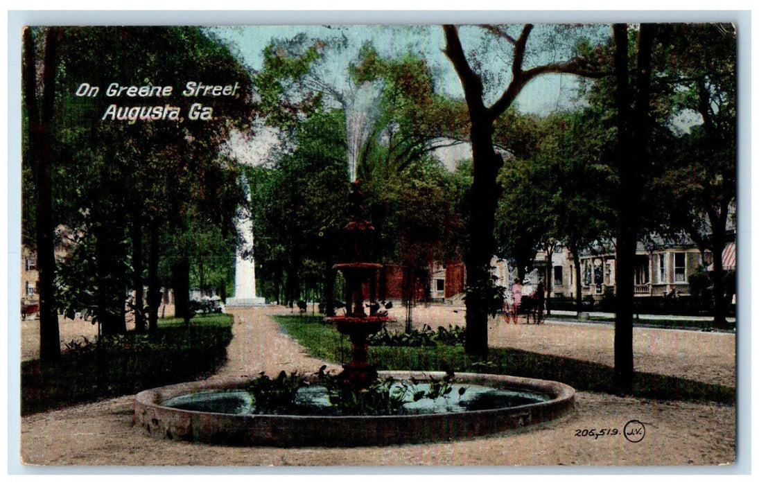 On Greene Street Garden Park Water Fountain Statue Augusta Georgia GA Postcard