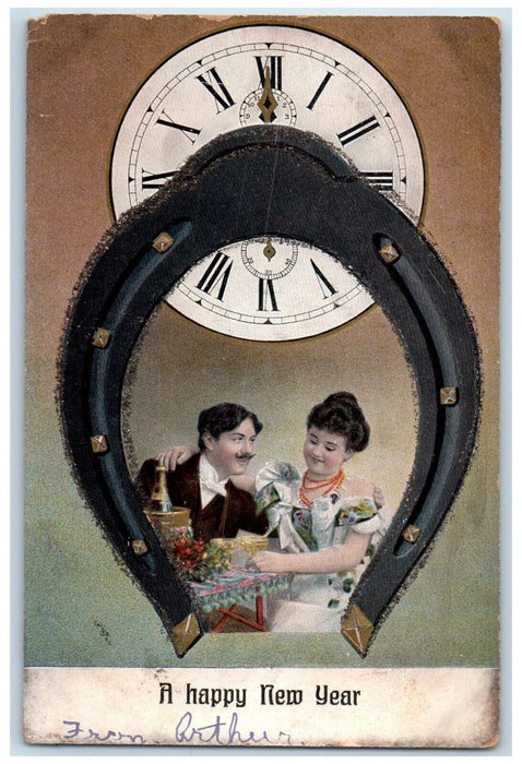 1906 New Year Couple Champagne Horsehoe Clock Glitter Willimantic CT Postcard