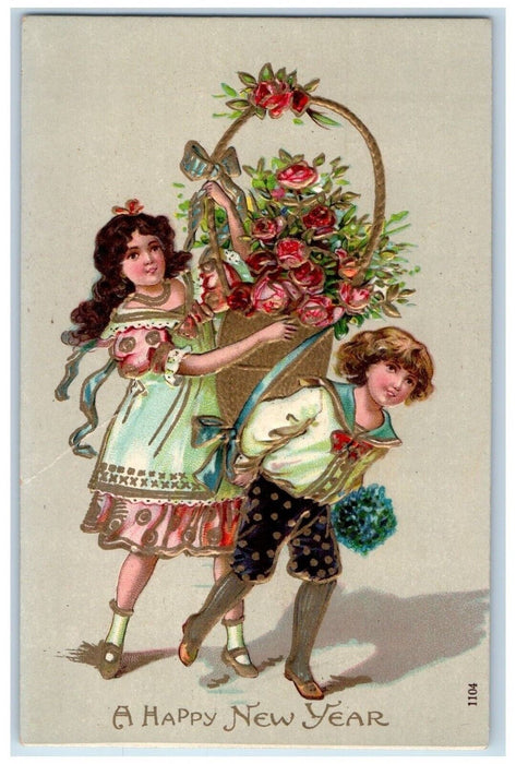 c1910's Happy New Year Children Flowers In Basket Embossed Antique Postcard