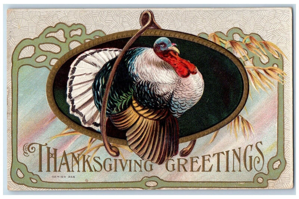 c1910's Thanksgiving Greetings Turkey Wishbone Embossed Posted Antique Postcard