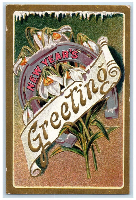 c1910's New Years Greeting Horseshoe Flowers Embossed Nash Antique Postcard