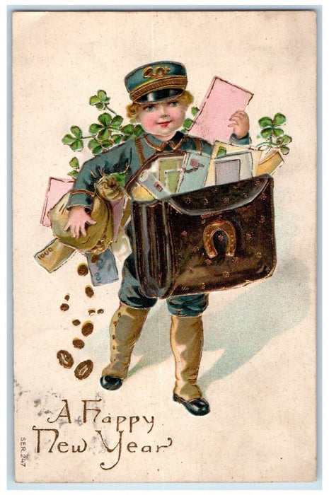 c1910's New Year Boy Mailman Delivering Letters Coins Fell Shamrock Postcard