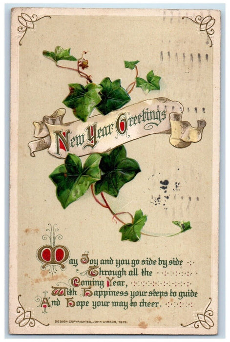 1913 New Year Greetings Ivy Leaf John Winsch Artist Signed Embossed Postcard