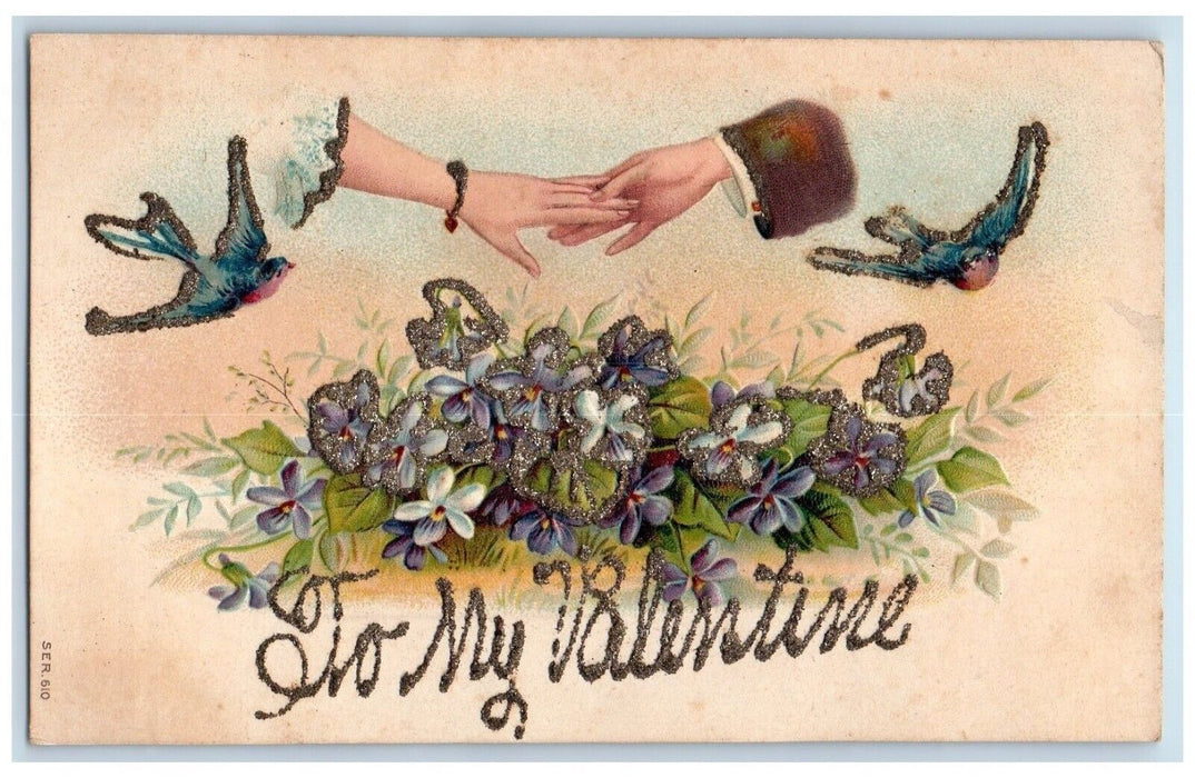 c1910's Valentine Couple Hands Birds Pansies Flowers Glitter Embossed Postcard