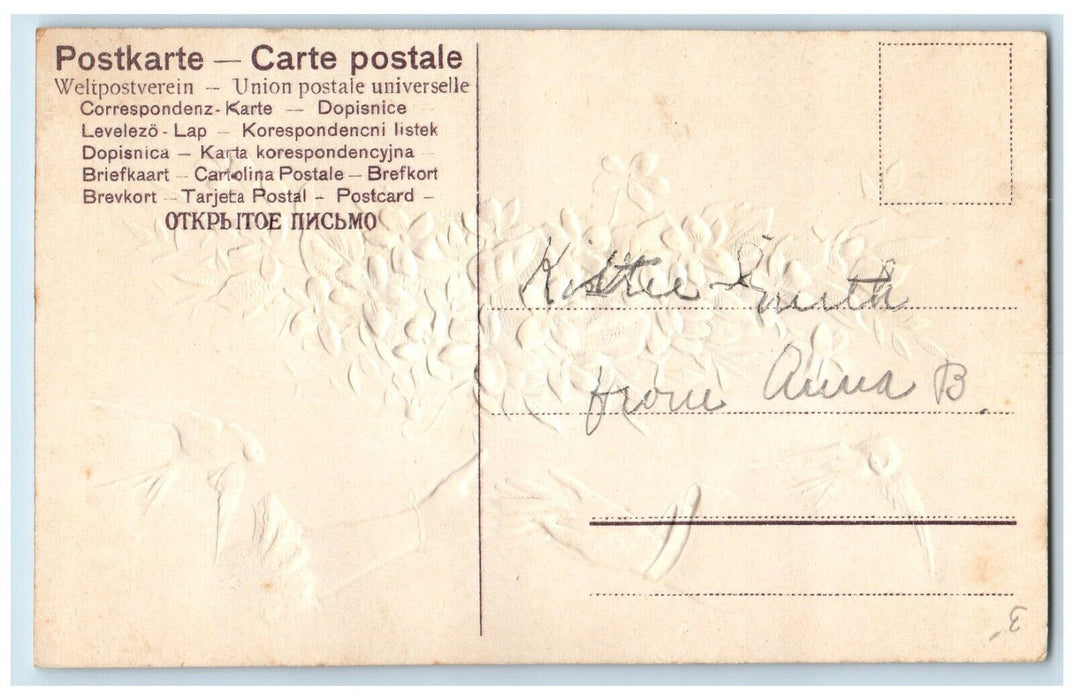 c1910's Valentine Couple Hands Birds Pansies Flowers Glitter Embossed Postcard