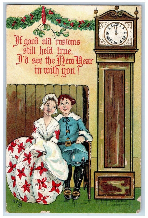 1910 New Year Sweet Couple Romance Holly Berries Clock Embossed HBG Postcard