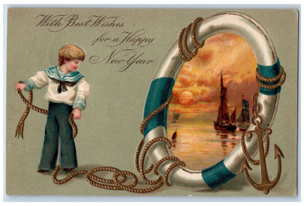 1909 Happy New Year Buoy Rope Anchor Embossed Litchfield Connecticut CT Postcard