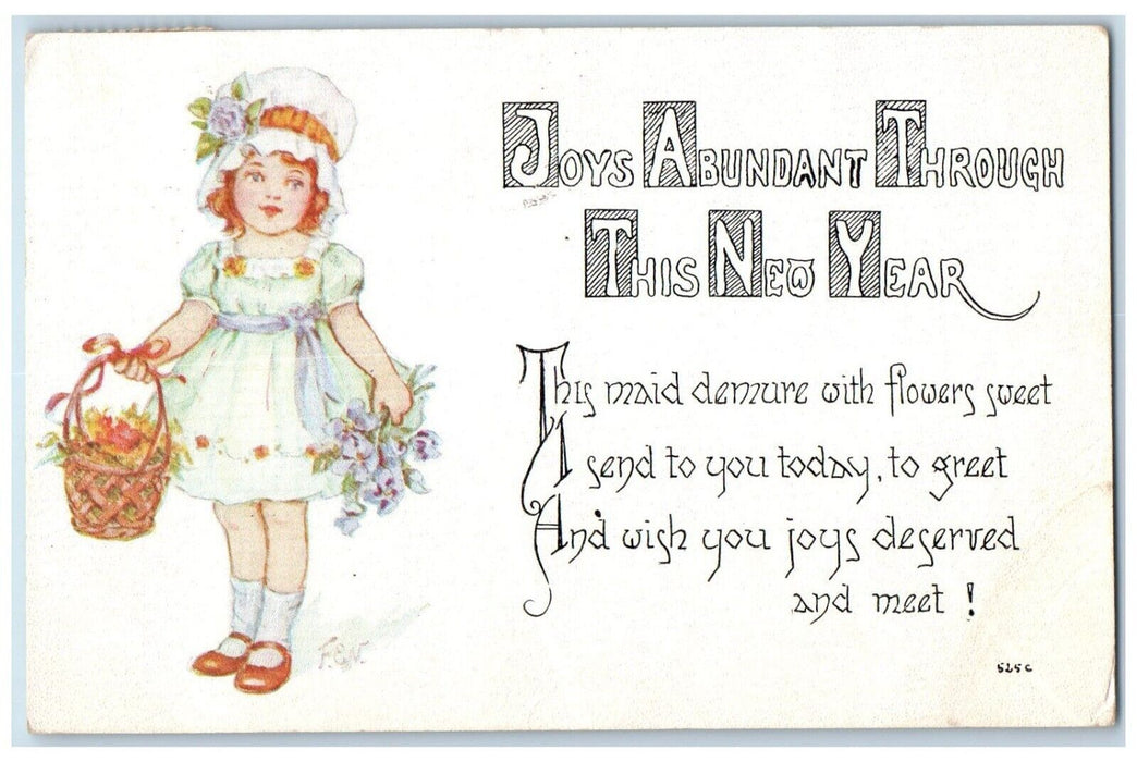 1914 New Year Girl Maid With Pansies Flowers In Basket Syracuse NY Postcard