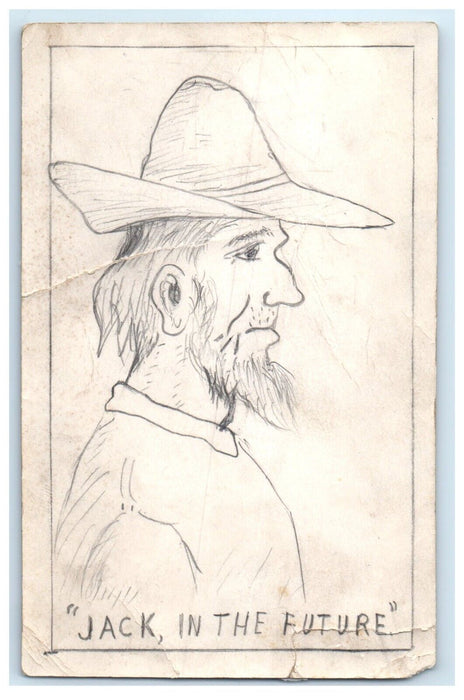 c1910 "Jack in the Future" Hand Made Art Drawing Cowboy Pencil Doodle Postcard