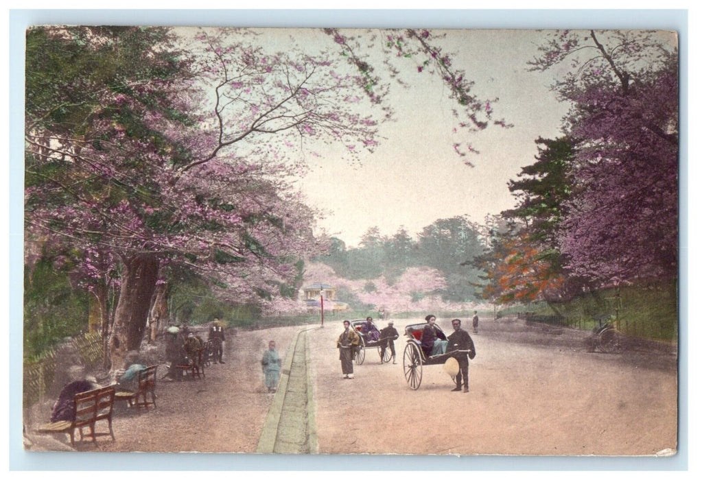 c1910 Japan Handcolored Rikshaw Park Hand Painted Unposted Antique Postcard