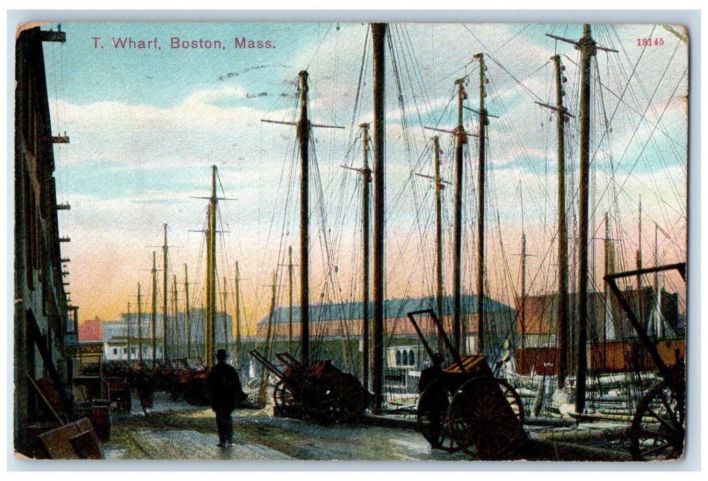1910 T. Wharf Boats Wagon Scene Boston Massachusetts MA Antique Posted Postcard