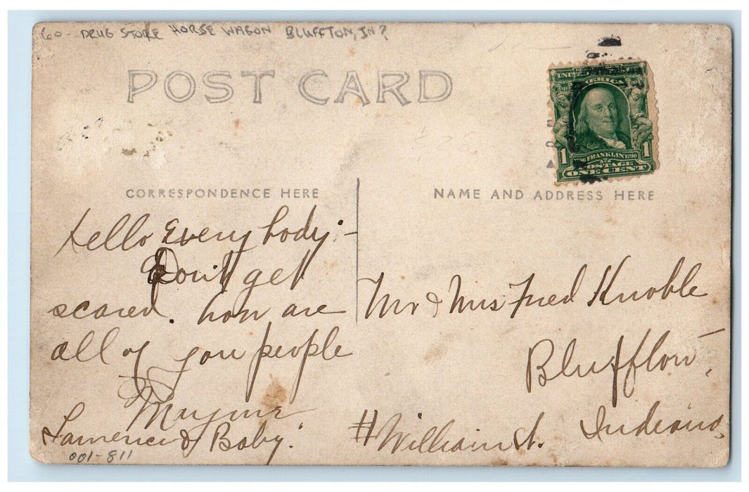 c1910's Drug Store Horse Wagon Bluffton Indiana IN RPPC Photo Antique Postcard