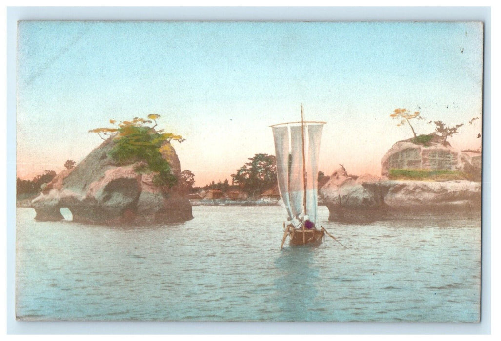 c1910 Japanese Handcolored Boat Seascape Hand Painted Unposted Antique Postcard