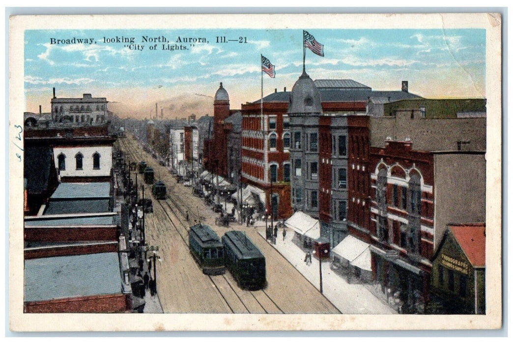 c1910 Broadway Looking North Aurora Illinois City Lights Streetcar IL Postcard