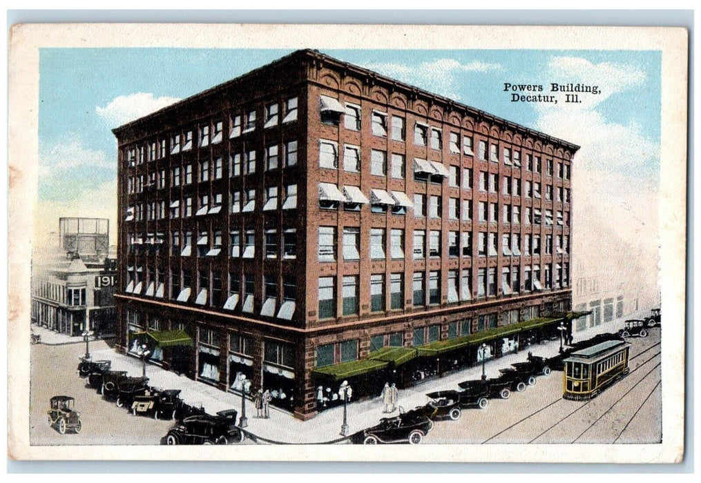 c1910 Powers Building Exterior Streetcar Classic Cars Decatur Illinois Postcard