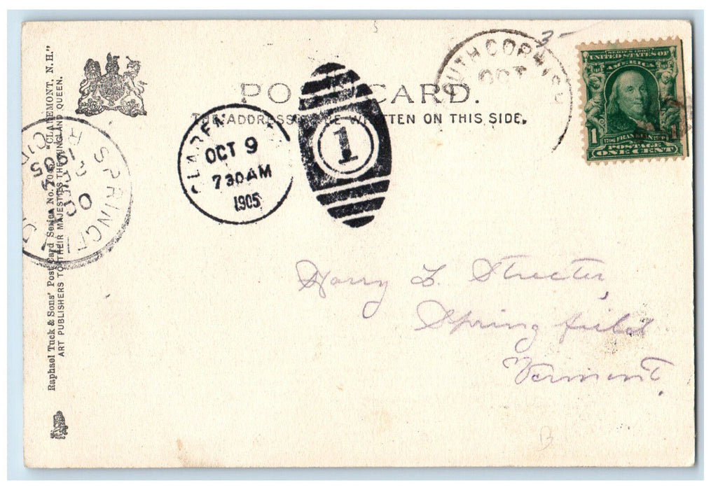 1905 Town Hall Claremont New Hampshire NH Springfield VT Tuck Art Postcard