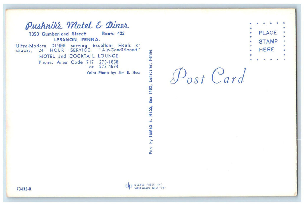 Pushnik's Motel & Dinner Restaurant Interior Lebanon Pennsylvania PA Postcard