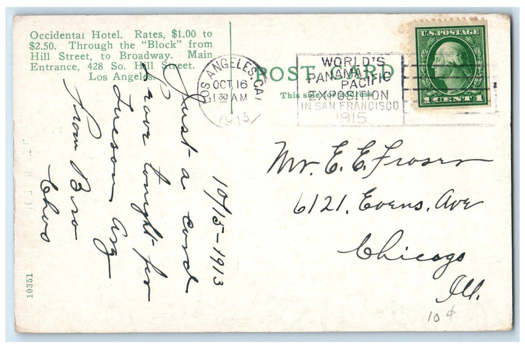 1913 The Occidental Hotel Car Los Angeles California CA Advertising Postcard