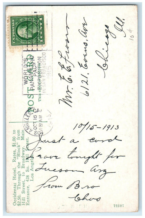 1913 The Occidental Hotel Car Los Angeles California CA Advertising Postcard